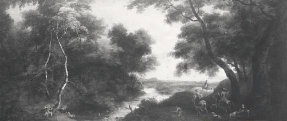 Wooded River Landscape with Hunters and Ducks