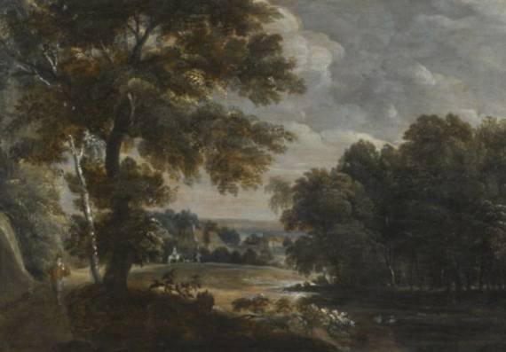 A Wooded River Landscape with a Huntsman on a Path