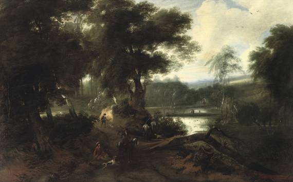 A Wooded Landscape with a Hunting Company Resting near a Pond