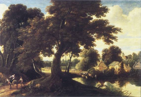 Wooded Landscape with a Woman on a Donkey and a Traveller