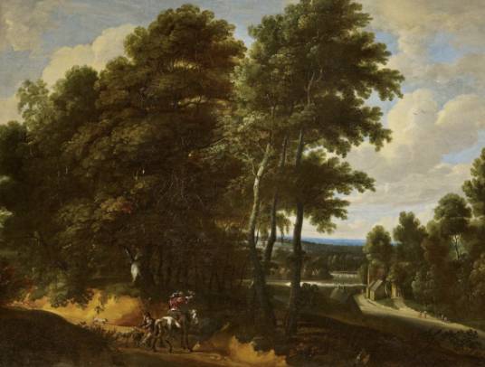 Forest Landscape with Falconry Hunter on Horseback