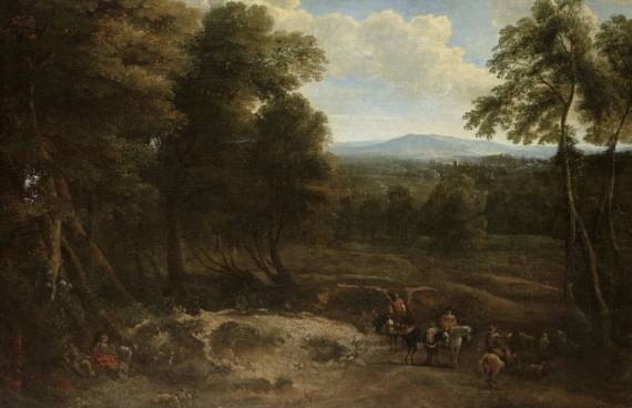 A Wooded Landscape with Travellers on a Path and Figures Resting Nearby