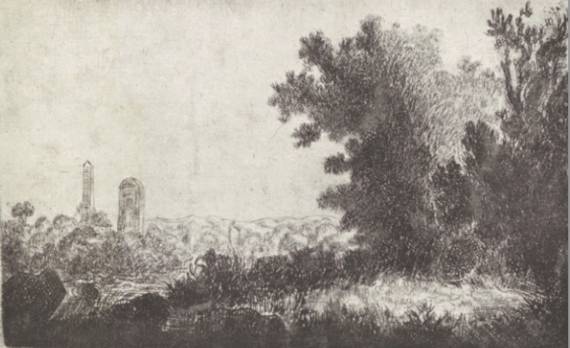 Wooded Landscape with Two High Monuments in the Distance